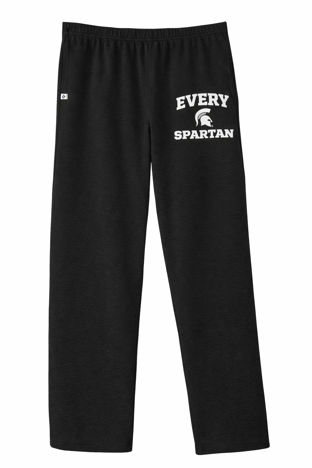 Black sweatpants with white “EVERY SPARTAN” text on the right leg.