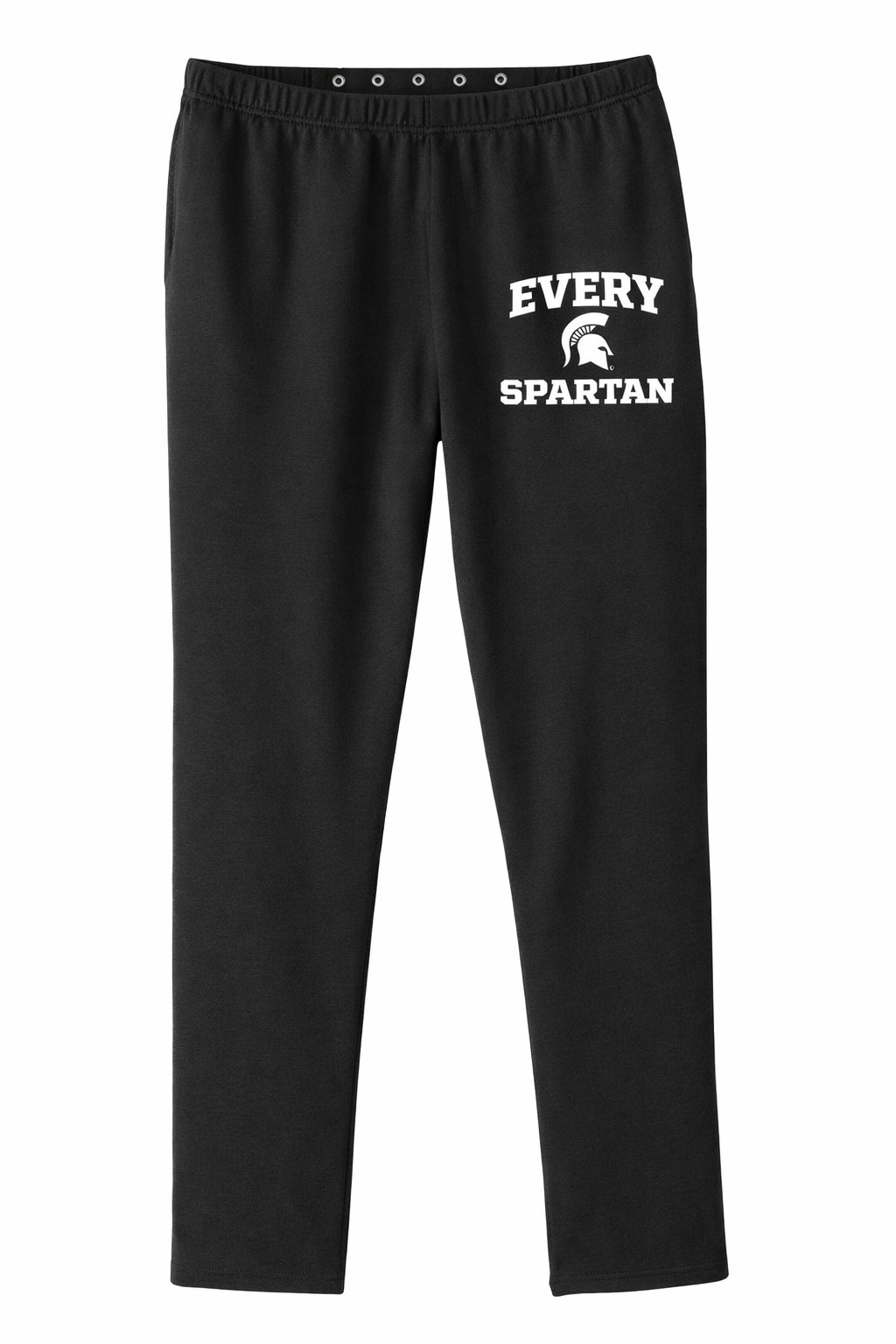 Black sweatpants with “Every Spartan” text printed on the left thigh.