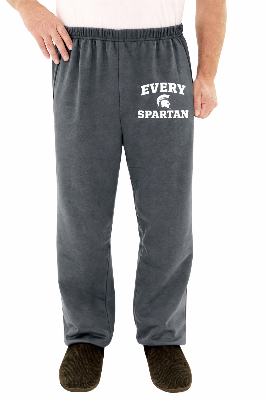 Gray sweatpants with “EVERY SPARTAN” printed on the left leg, worn with dark slippers.