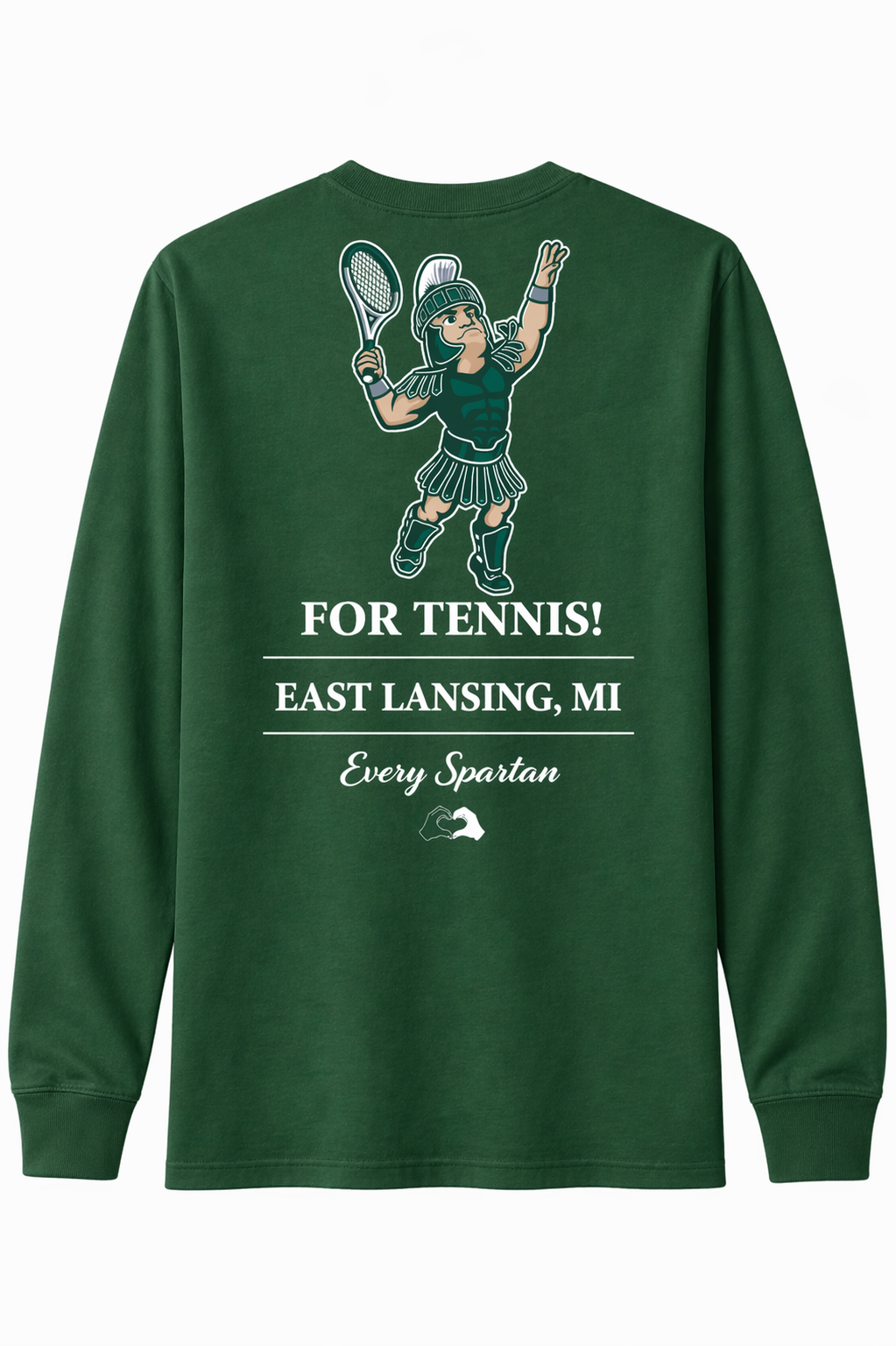 Green long-sleeve shirt with tennis graphic and text: “FOR TENNIS! EAST LANSING, MI.”