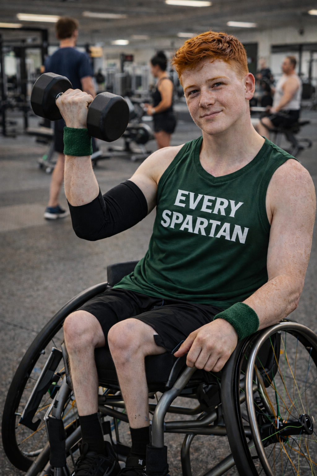 Man in wheelchair lifting dumbbell in a gym. Wearing a green tank top with 