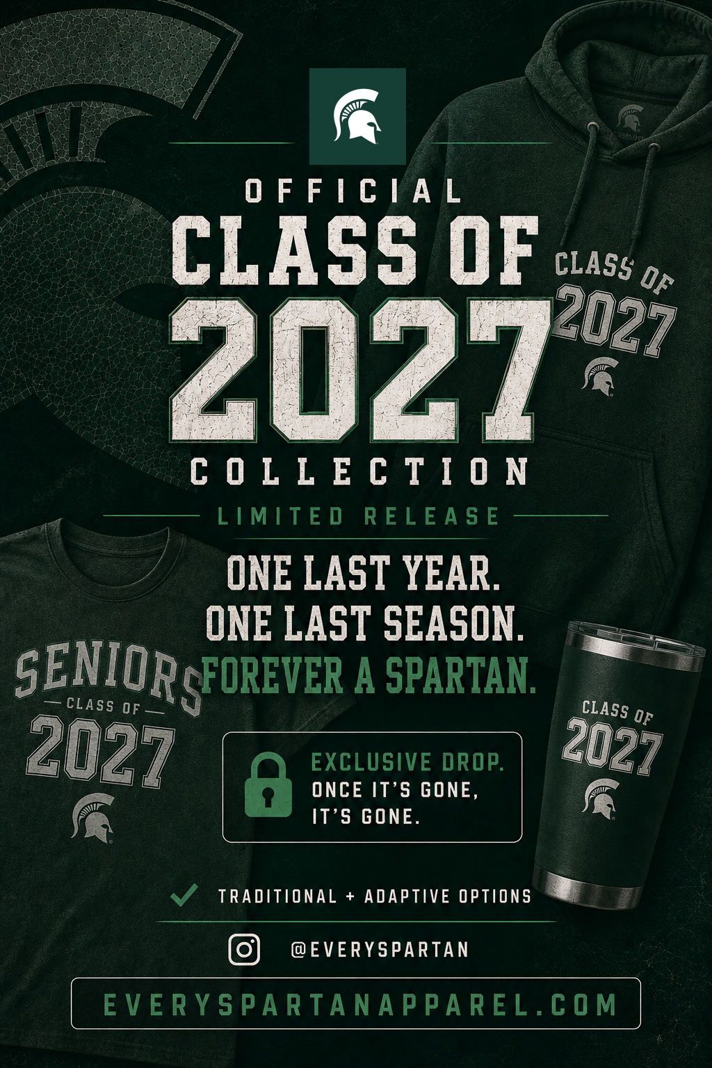 Dark green apparel promo for Class of 2027 collection with hoodie, T-shirt, mug, and phone case