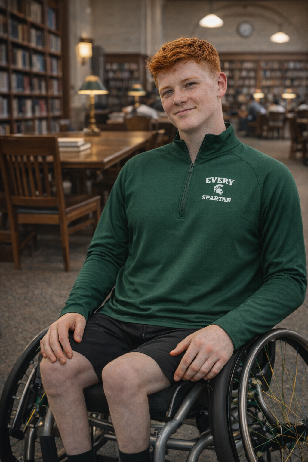 Smiling person in a green shirt seated in a wheelchair in a cozy library or café