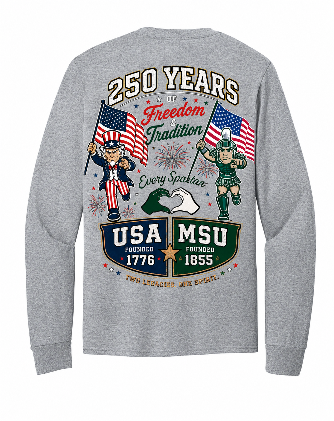 Gray long-sleeve shirt with “250 Years” patriotic USA/MSU anniversary graphic and flags