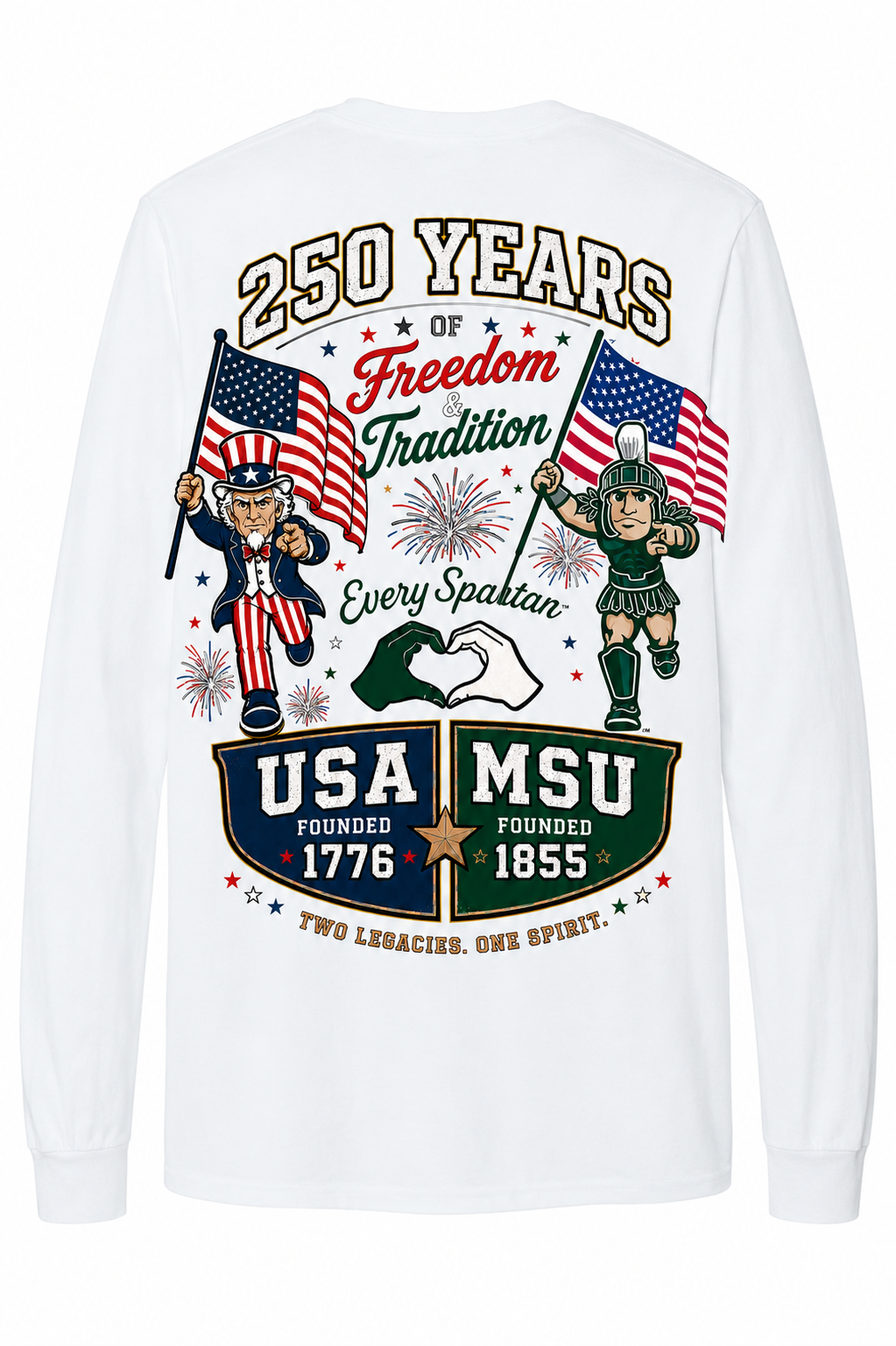 White long-sleeve shirt with patriotic “250 years” USA/MSU graphic, flags, mascots, and “1776”/“1855” text