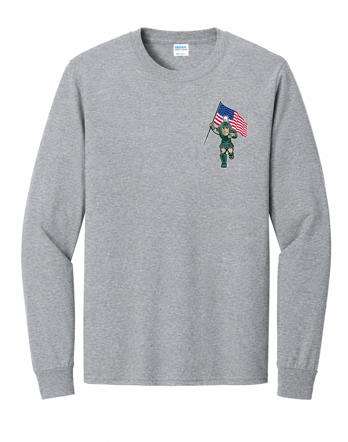 Gray long-sleeve shirt with “250 Years” patriotic graphic, flags, and USA/MSU crests on back