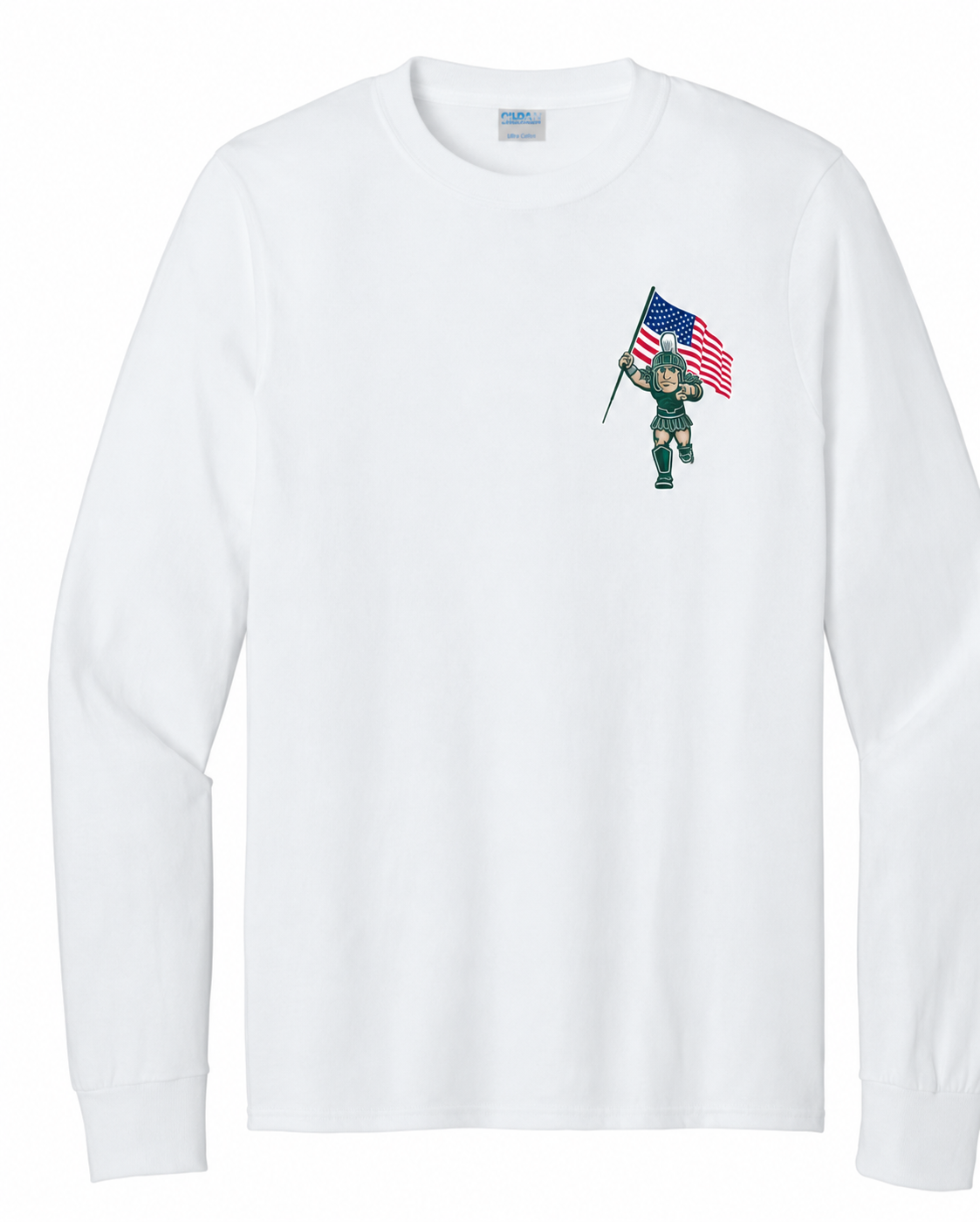 White long-sleeve shirt with patriotic “250 years” USA/MSU graphic, flags, mascots, and “1776”/“1855” text