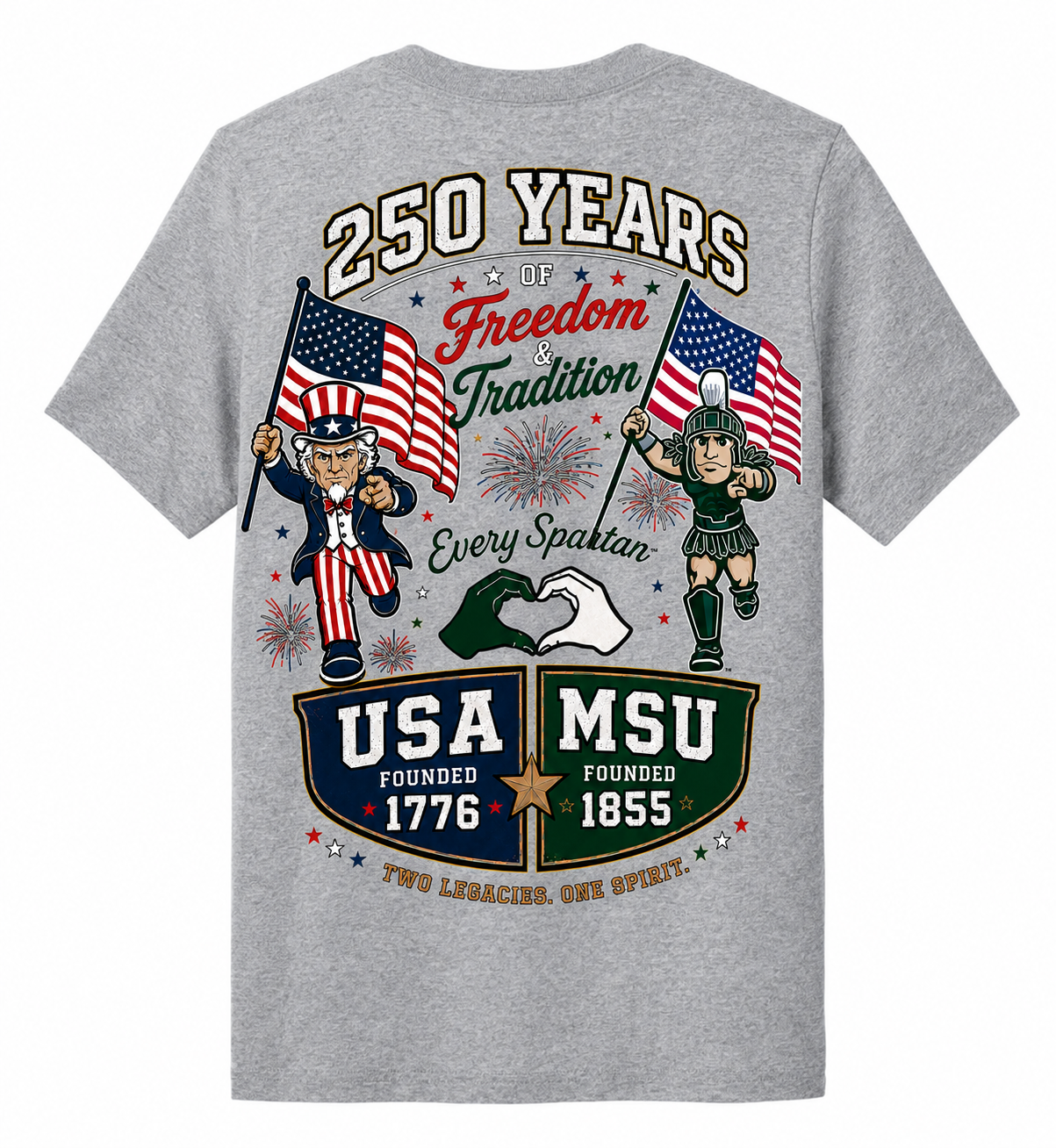 Gray T-shirt with “250 Years Freedom Tradition” and USA/MSU patriotic graphic