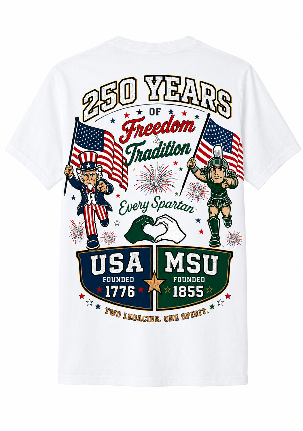 White T-shirt graphic for “250 Years of Freedom Tradition” with patriotic USA and MSU-themed illustrations.