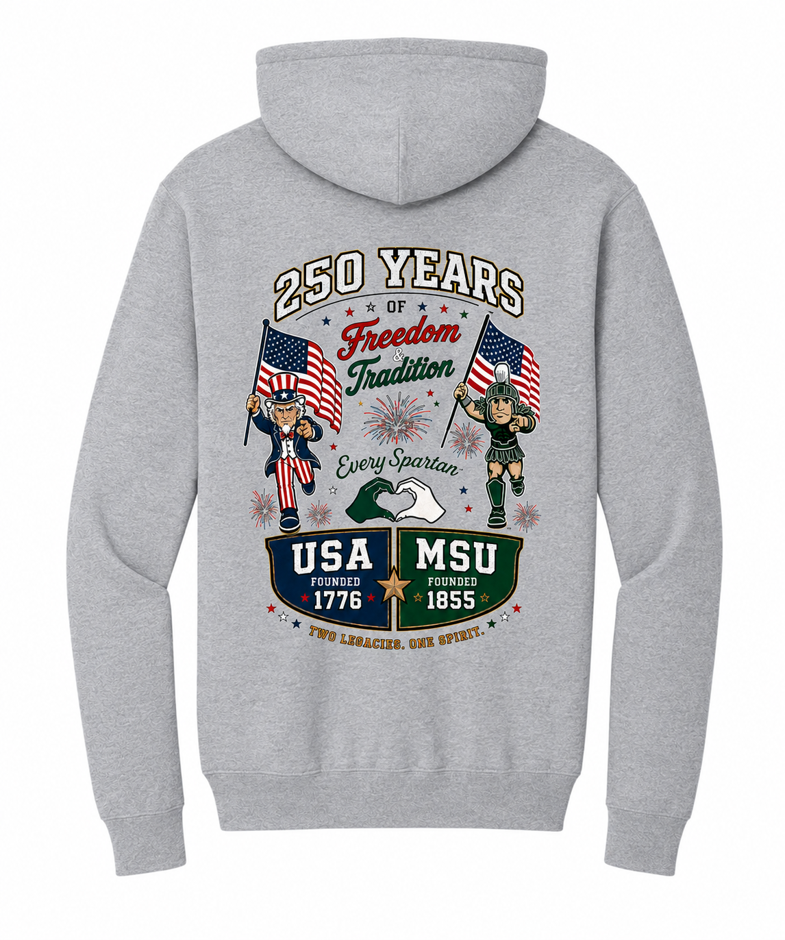 Gray hoodie with patriotic back print: “250 Years,” U.S. flags, floral graphics, and USA/MSU dates 1776–1855.