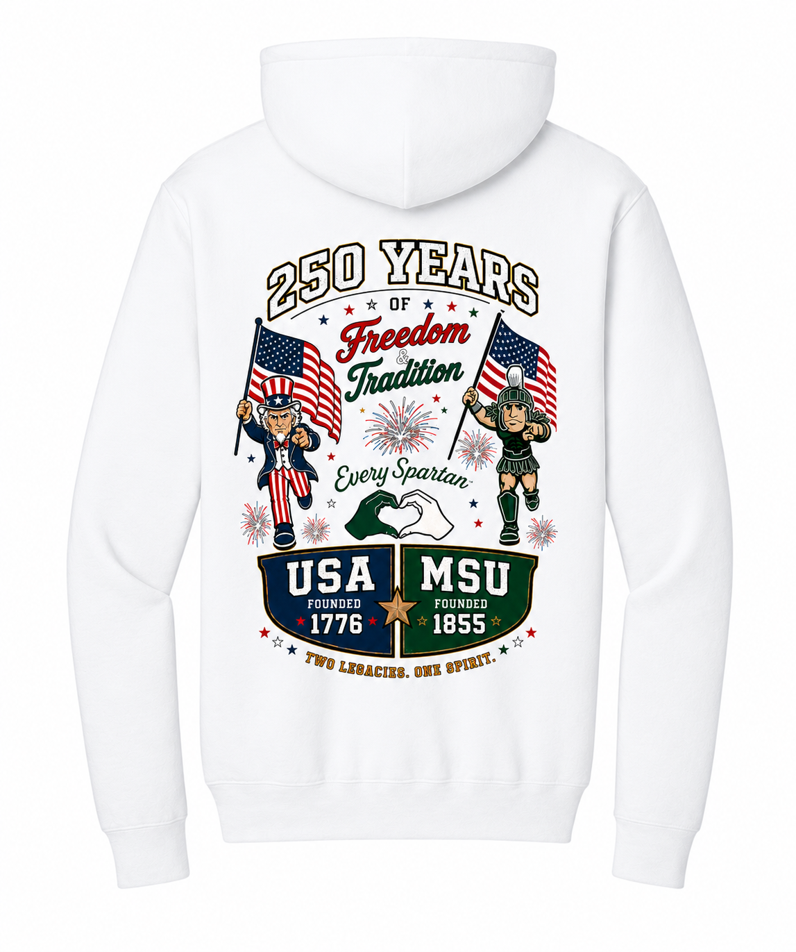 White hoodie with patriotic 250 Years Freedom Festival and USA/MSU graphic on back