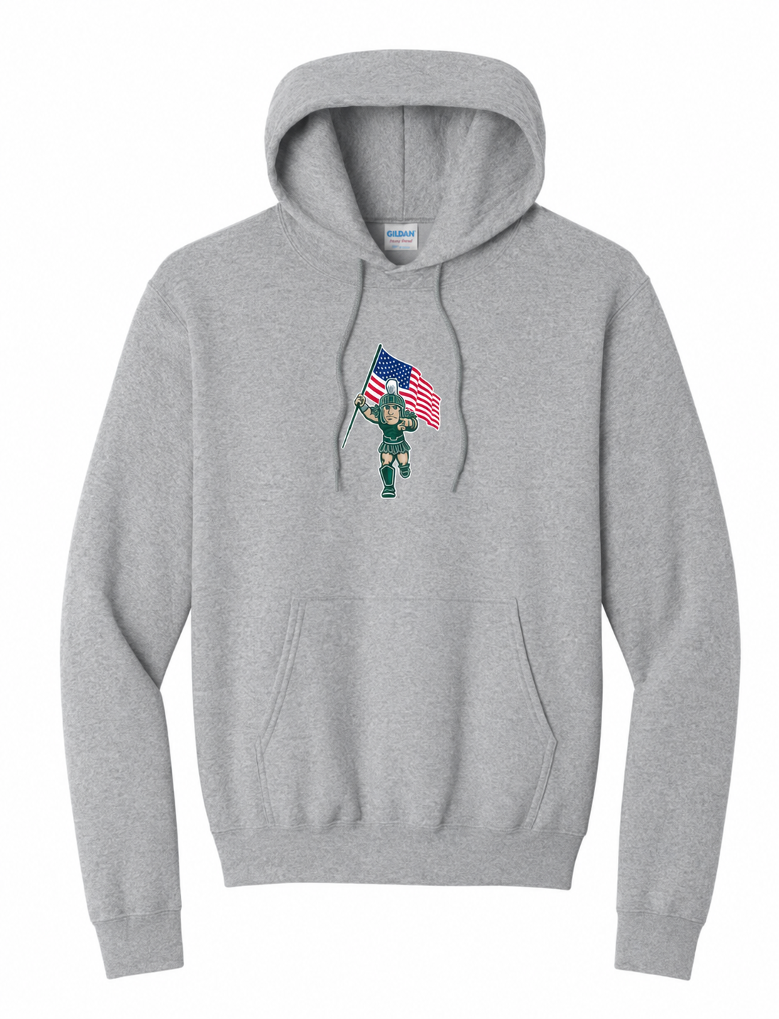Gray hoodie with “250 Years” patriotic USA and MSU anniversary graphic on the back