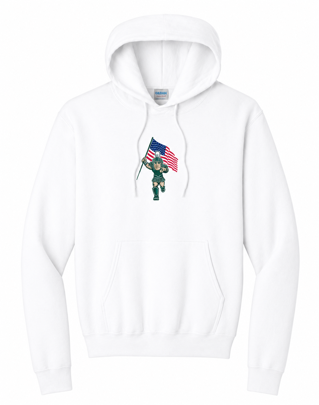 White hoodie with patriotic 250 Years Freedom Festival and USA/MSU graphic on back