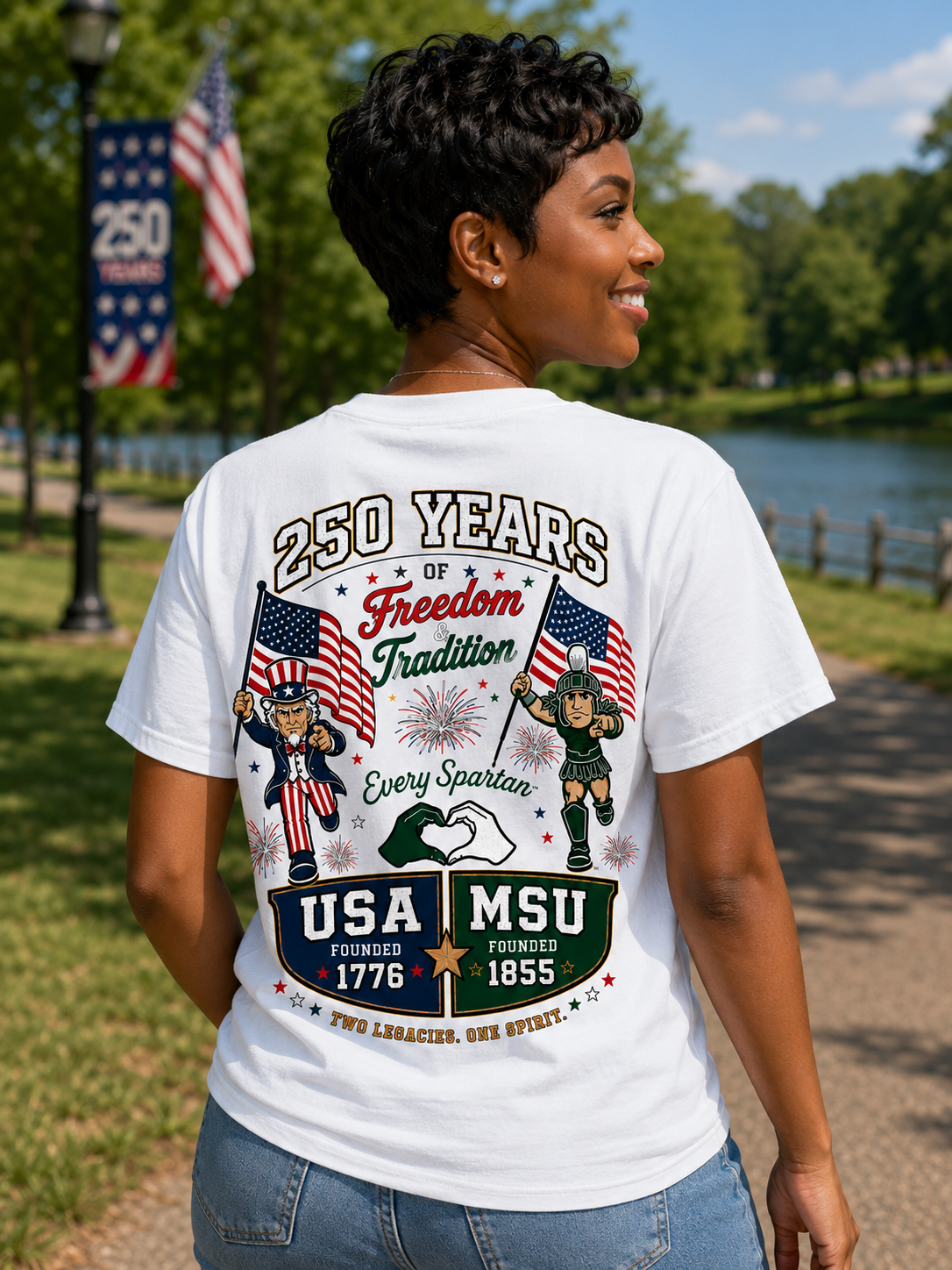 Woman in white 250 Years Freedom T-shirt standing outdoors on a sunny campus path, viewed from behind.