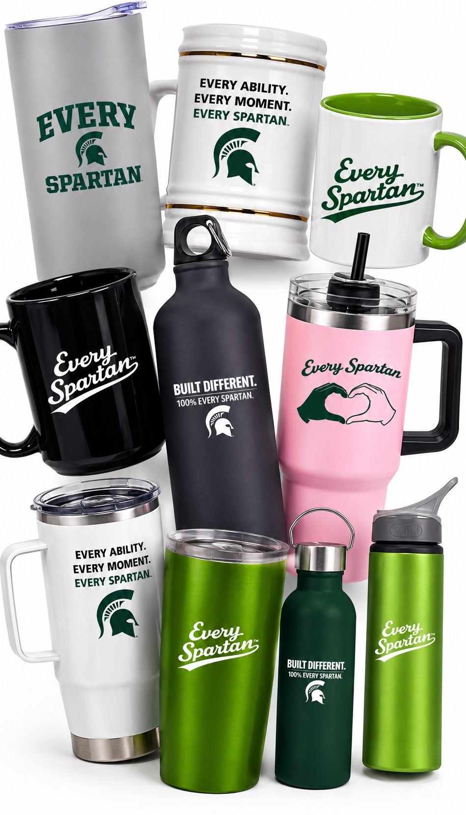 Assorted personalized tumblers and mugs in white, black, pink, and green, arranged in a product display.