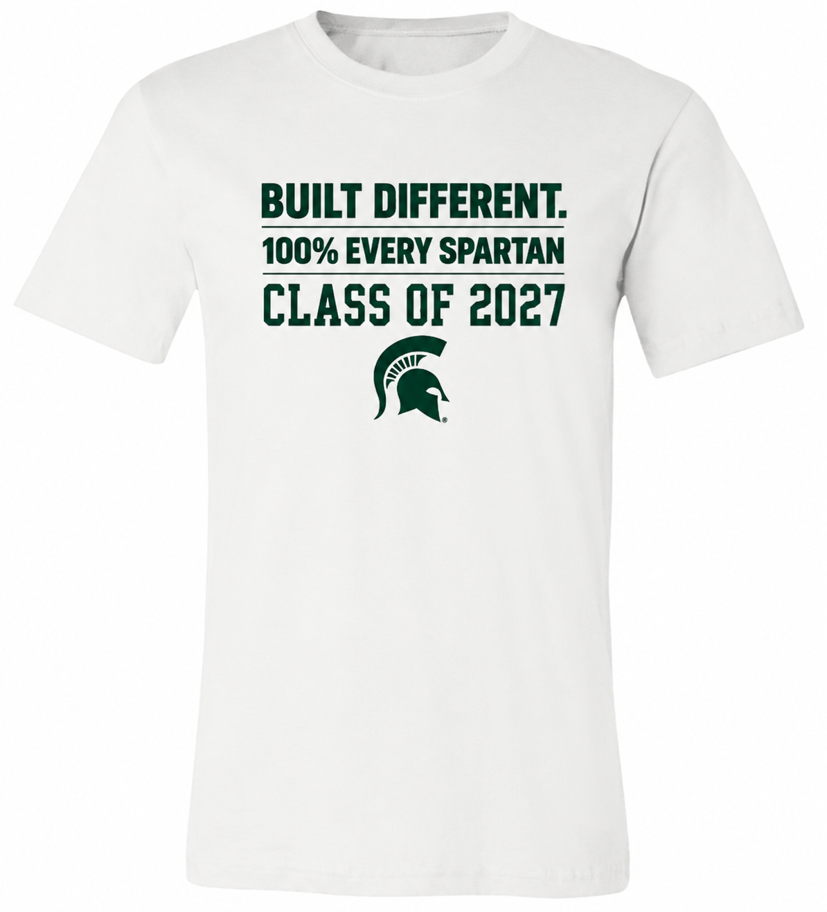 White T-shirt with green “Built Different. 100% Every Spartan. Class of 2027” text and Spartan helmet logo