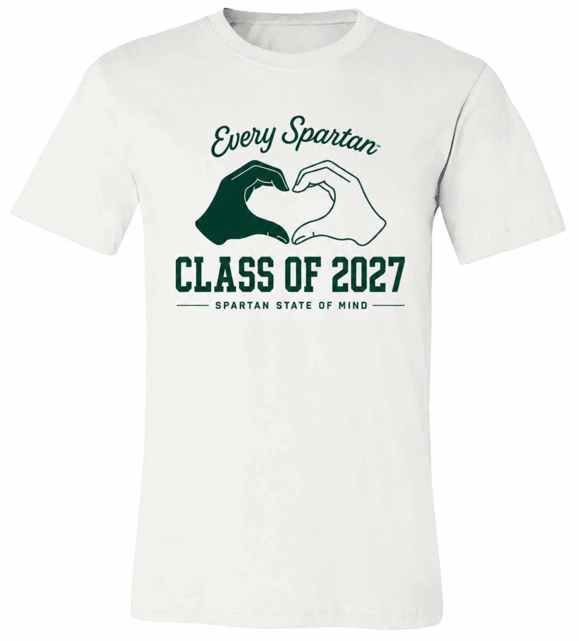 White T-shirt with green “Every Spartan Class of 2027” handshake graphic and “Spartan State of Mind” text