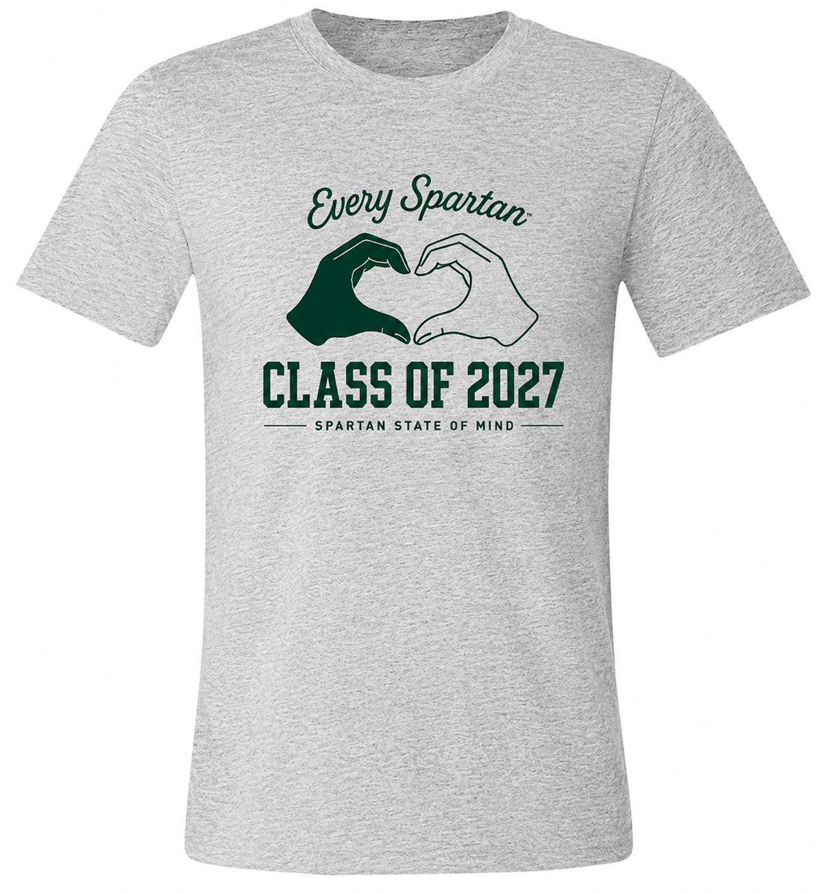 Light gray T-shirt with green Spartan graphic and “CLASS OF 2027” text