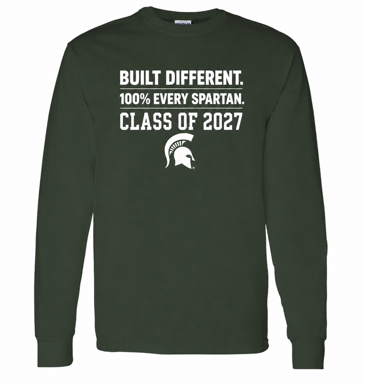 Dark green long-sleeve shirt with white Spartan Class of 2027 text and logo.