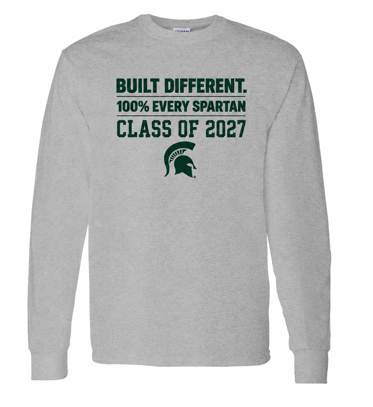 Gray long-sleeve shirt with green “Built Different. 100% Every Spartan Class of 2027” text and Spartan helmet logo