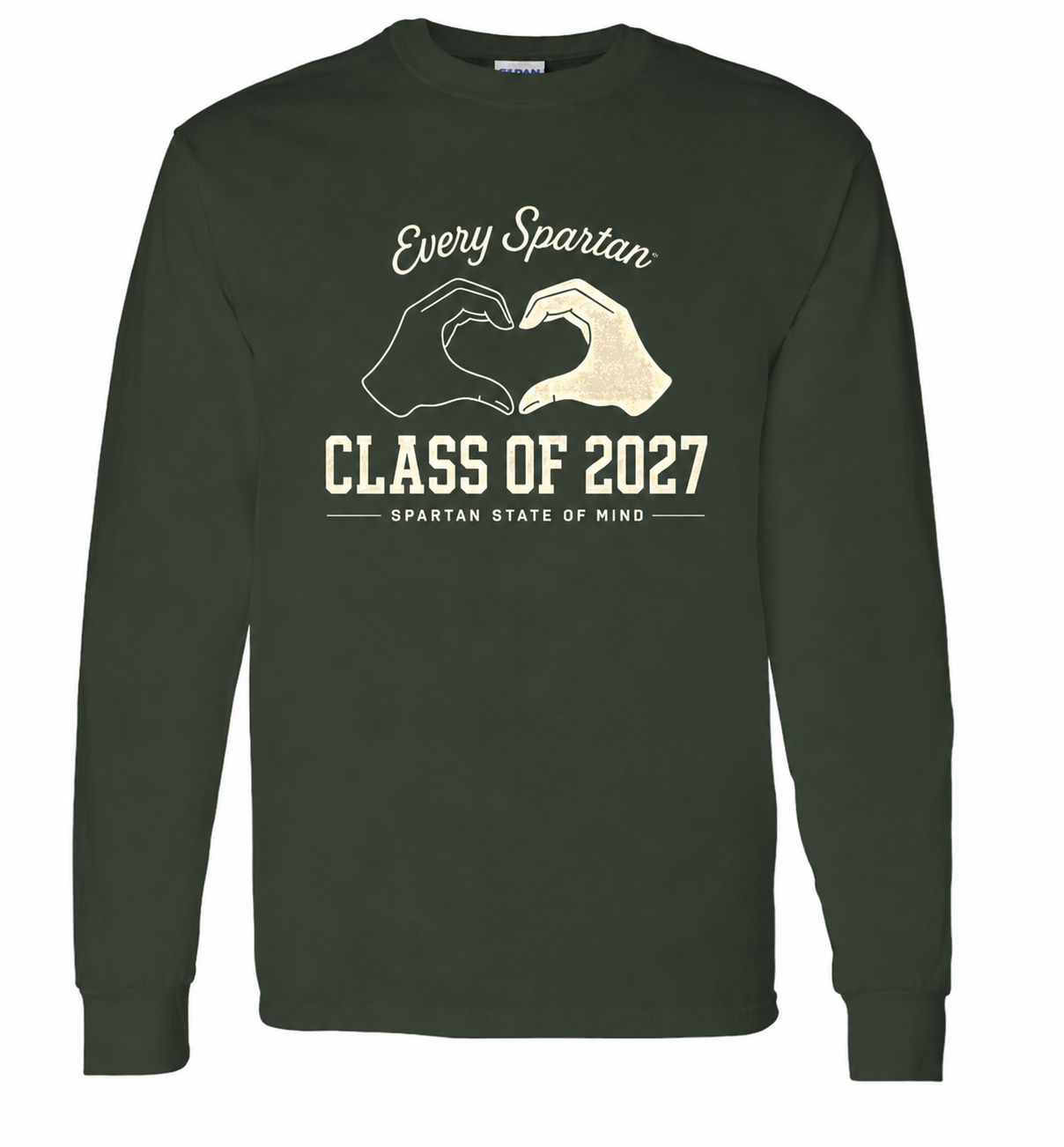 Dark green long-sleeve shirt with “Every Spartan Class of 2027” and handshake graphic