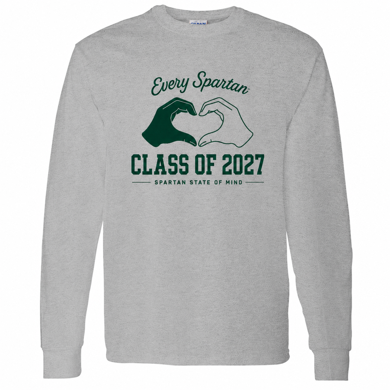 Gray long-sleeve shirt with Spartan hand-heart graphic and “Class of 2027” text