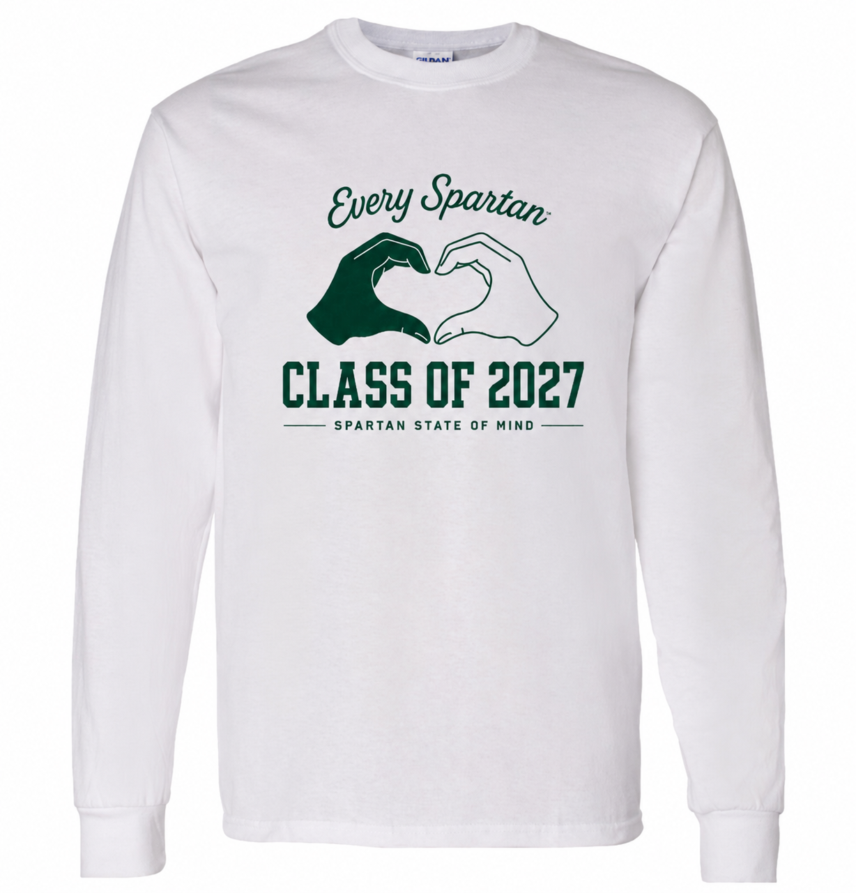 White long-sleeve shirt with green Spartan logo and “Class of 2027” text