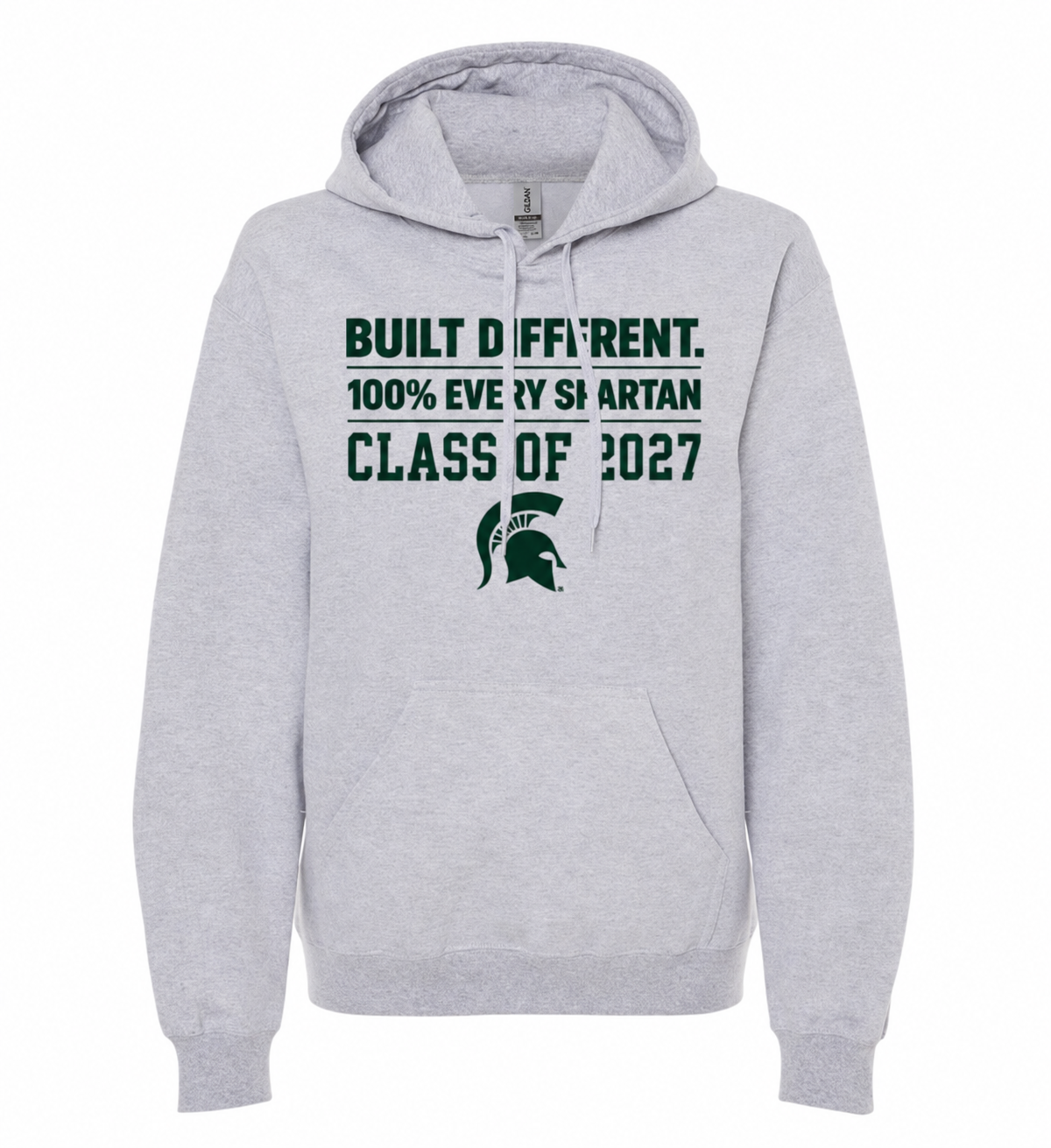 Light gray hoodie with dark green Spartan-themed text and helmet, reading “Class of 2027”