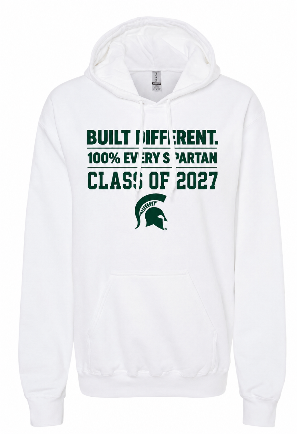 White hoodie with dark green “Built Different” and “Class of 2027” text and Spartan logo on the chest