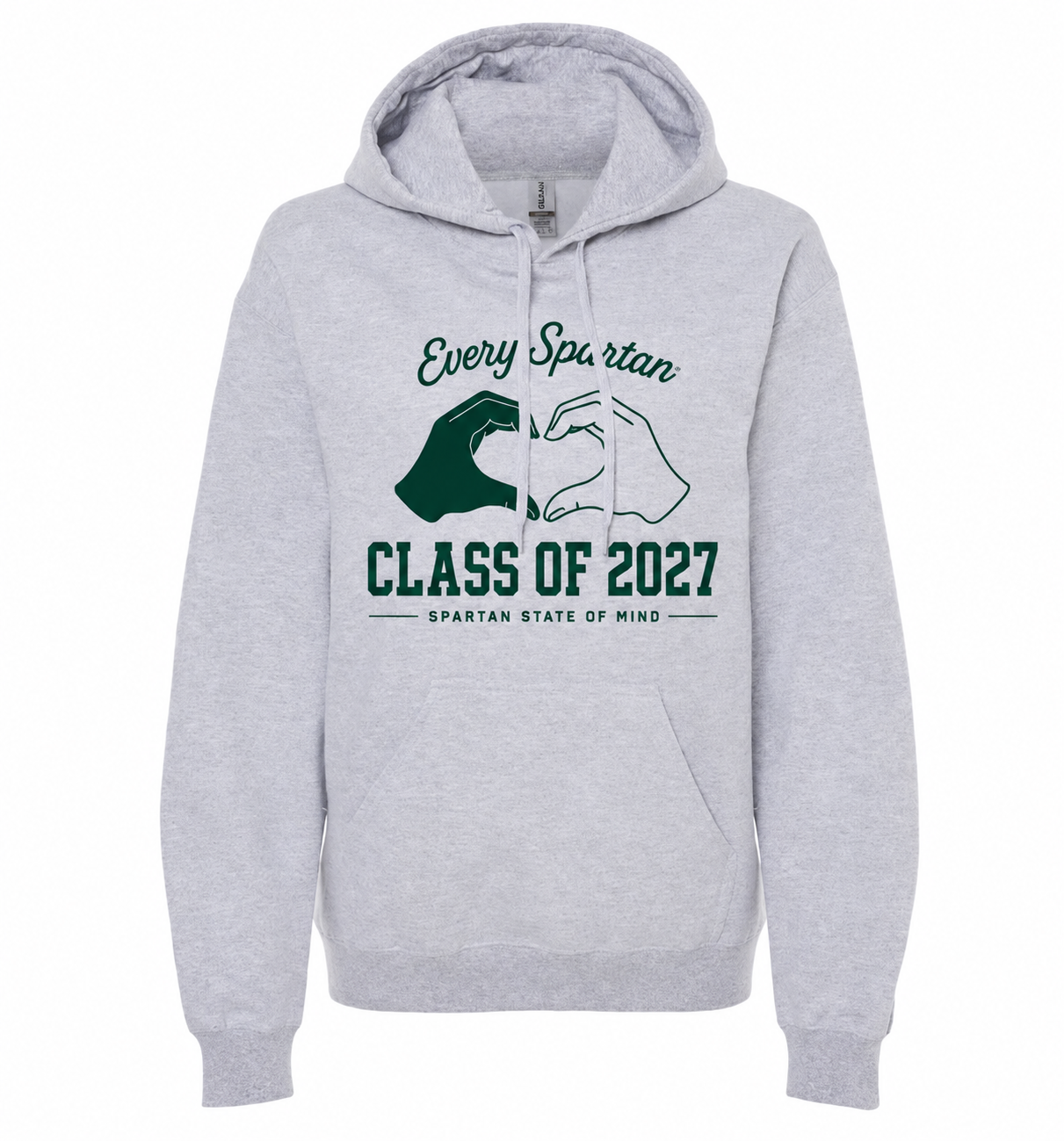 Light gray hoodie with green “Every Spartan Class of 2027” graphic on the front.