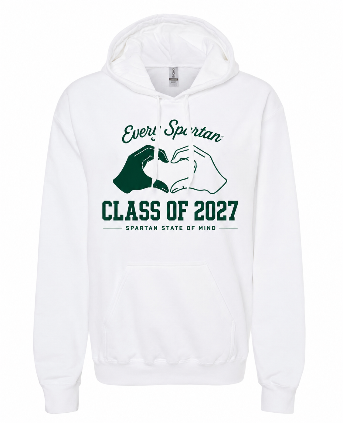 White hoodie with green graphic text reading “Every Spartan Class of 2027” and a Spartan helmet design