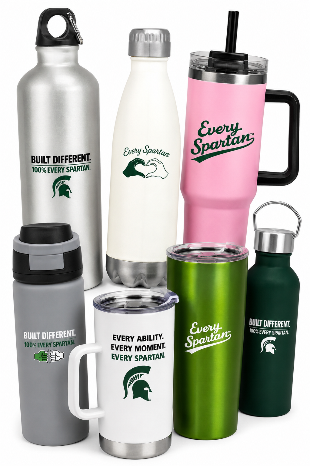 Assorted insulated water bottles and tumblers in white, silver, pink, green, and black with Spartan logos