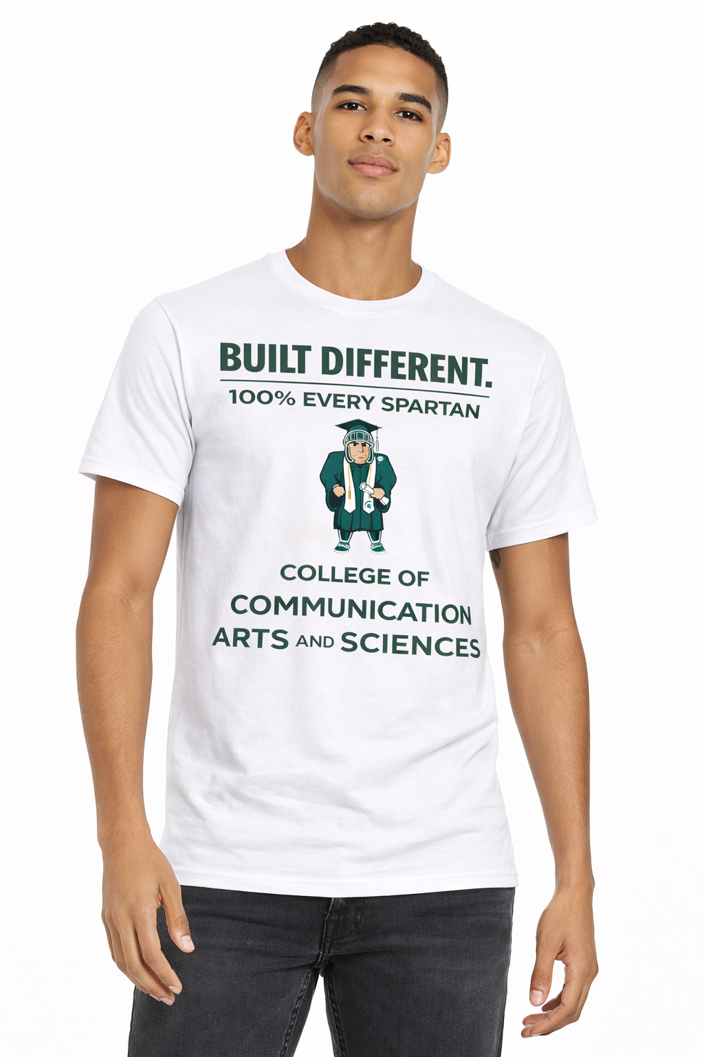 Man wearing a white graphic T-shirt with “Built Different” and college of communication arts and sciences text.