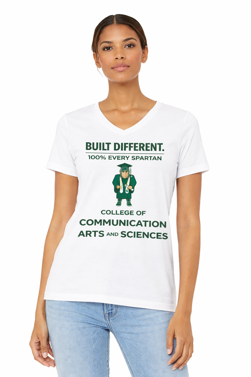 A woman wears a white V-neck t-shirt featuring a green Spartan mascot and the text