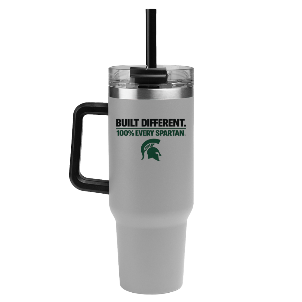 White tumbler with black lid and straw, “Built Different” Spartan logo and text on front.