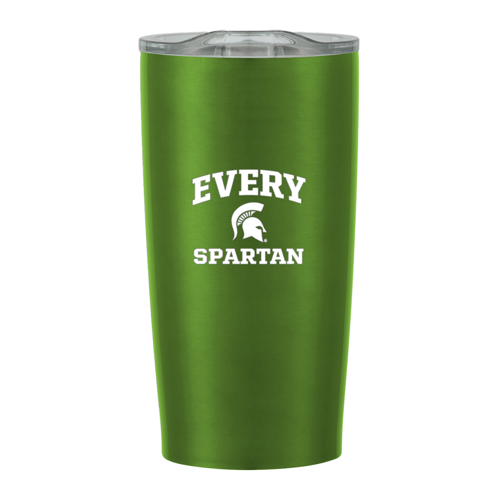 Green tumbler with white “EVERY SPARTAN” logo and Spartan helmet icon