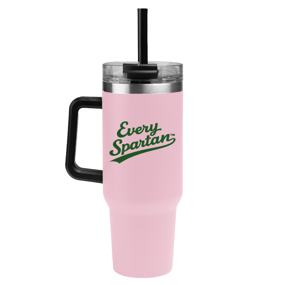 Pink Every Spartans tumbler with black handle, lid, and straw