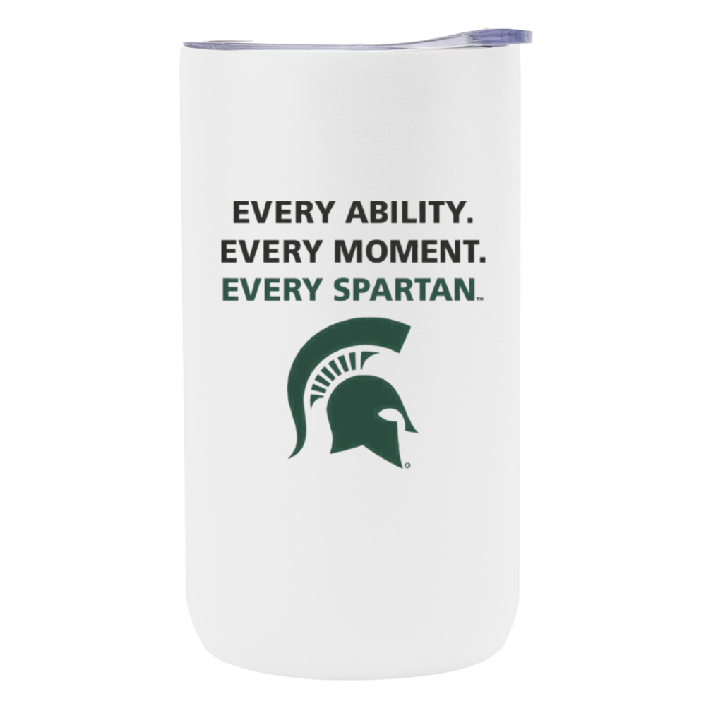 White tumbler with Michigan State Spartans logo and slogan: “Every ability. Every moment. Every Spartan.”
