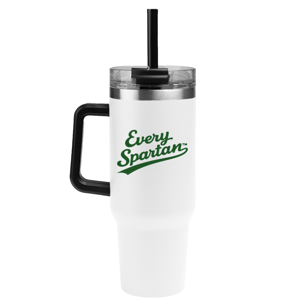 White insulated tumbler with black handle, lid, and straw, featuring green “Every Spartan” text.