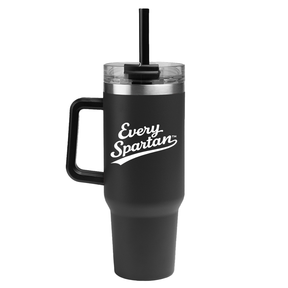 Black insulated tumbler with straw and handle, labeled “Every. Spartan.”