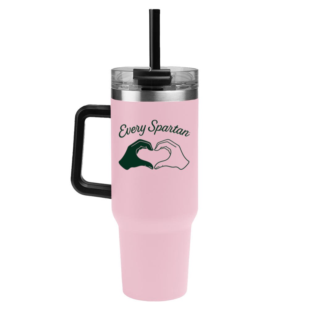 Pink tumbler with black lid and straw, featuring “Every Spartan” text and a Spartan logo.
