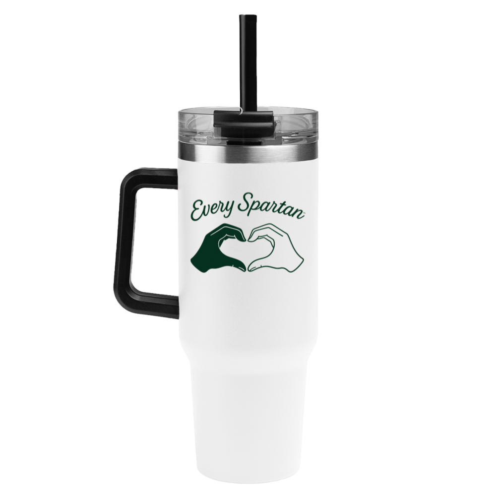 White tumbler with black handle and straw, featuring “Every Spartan” and a green hand logo