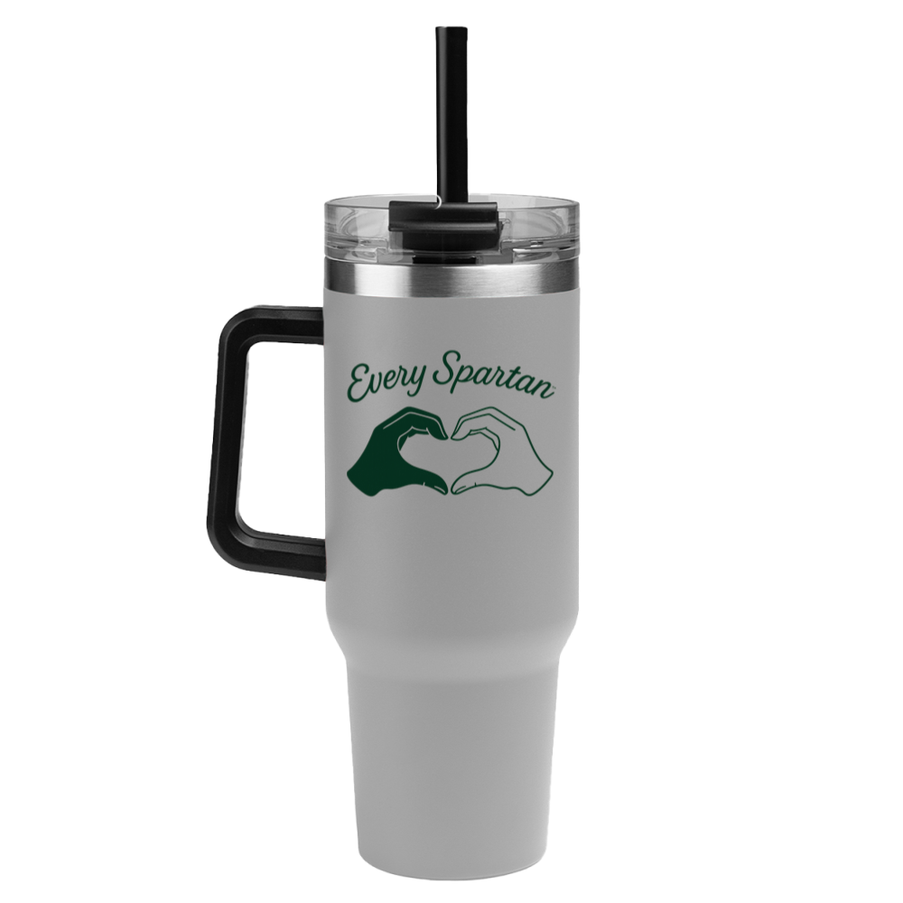 White tumbler with black straw and handle, printed with “Every Spartan” logo and green handshake graphic