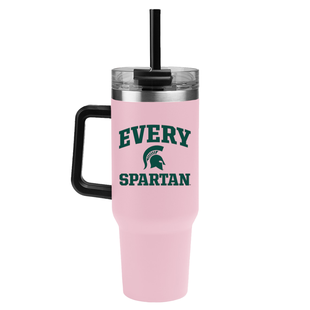 Pink tumbler with handle and straw, labeled “EVERY SPARTAN” in green.