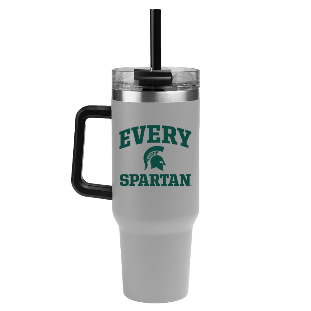 White tumbler with black straw and handle, labeled “EVERY SPARTAN” in green.