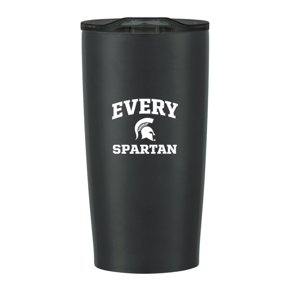 Black tumbler with white “EVERY SPARTAN” logo and helmet graphic