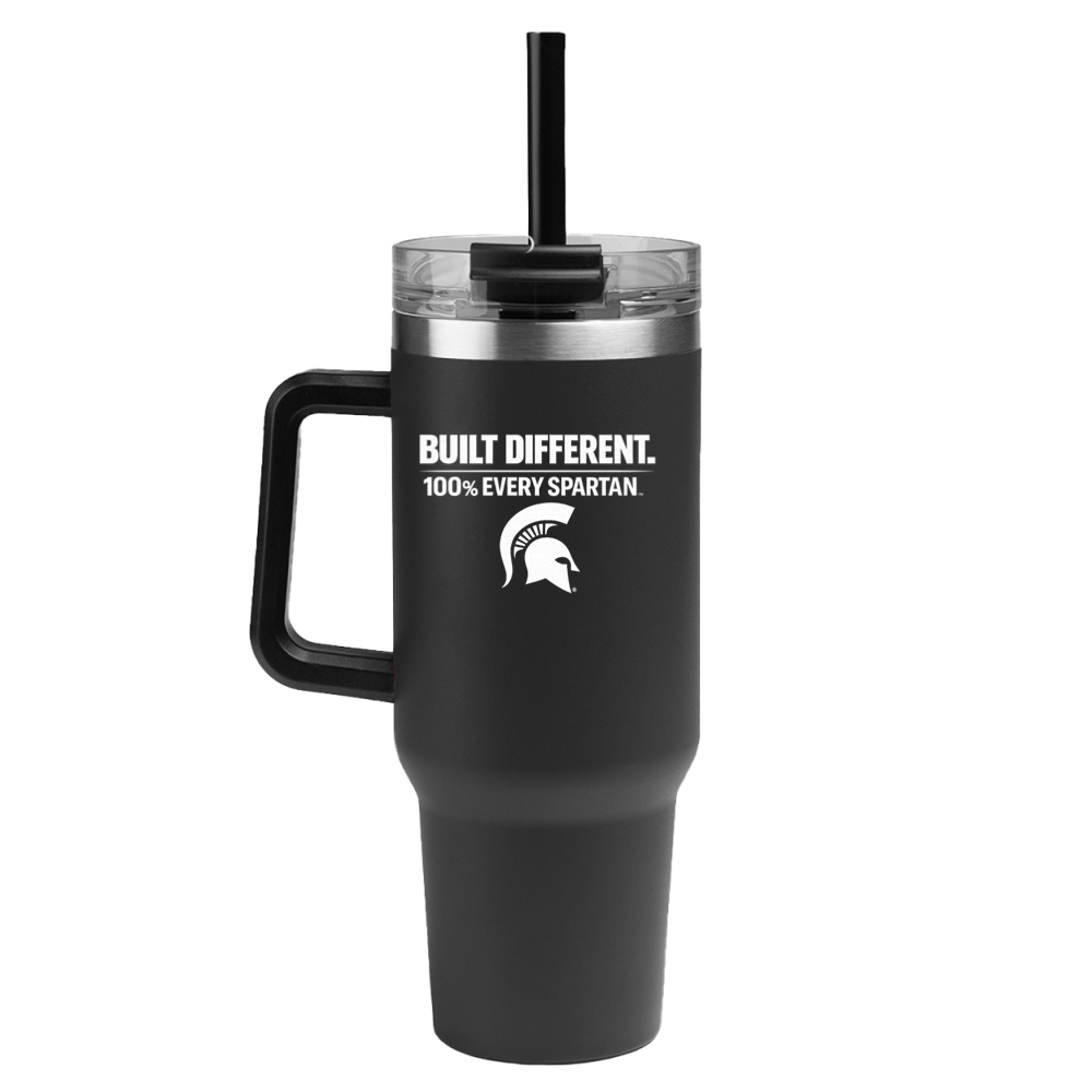 Black insulated travel tumbler with lid and straw, white Spartan logo and text on front