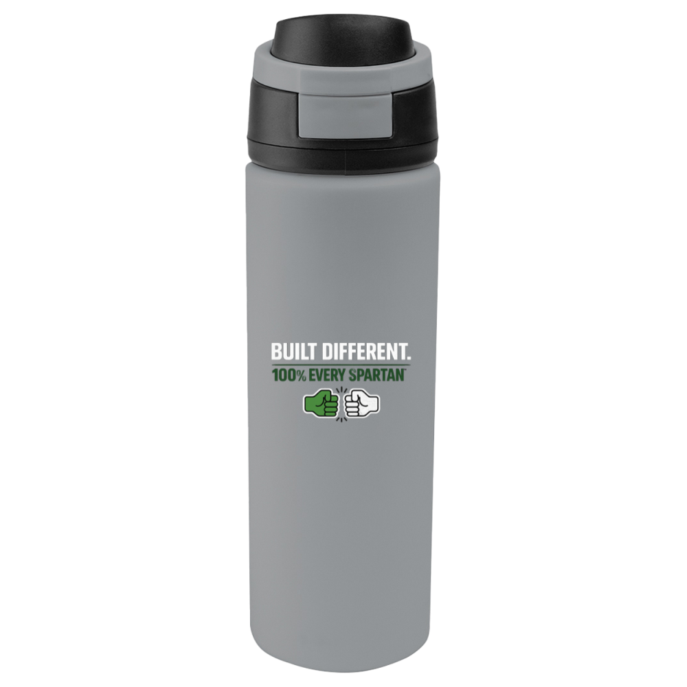 Gray insulated water bottle with black lid and “Built Different” text logo