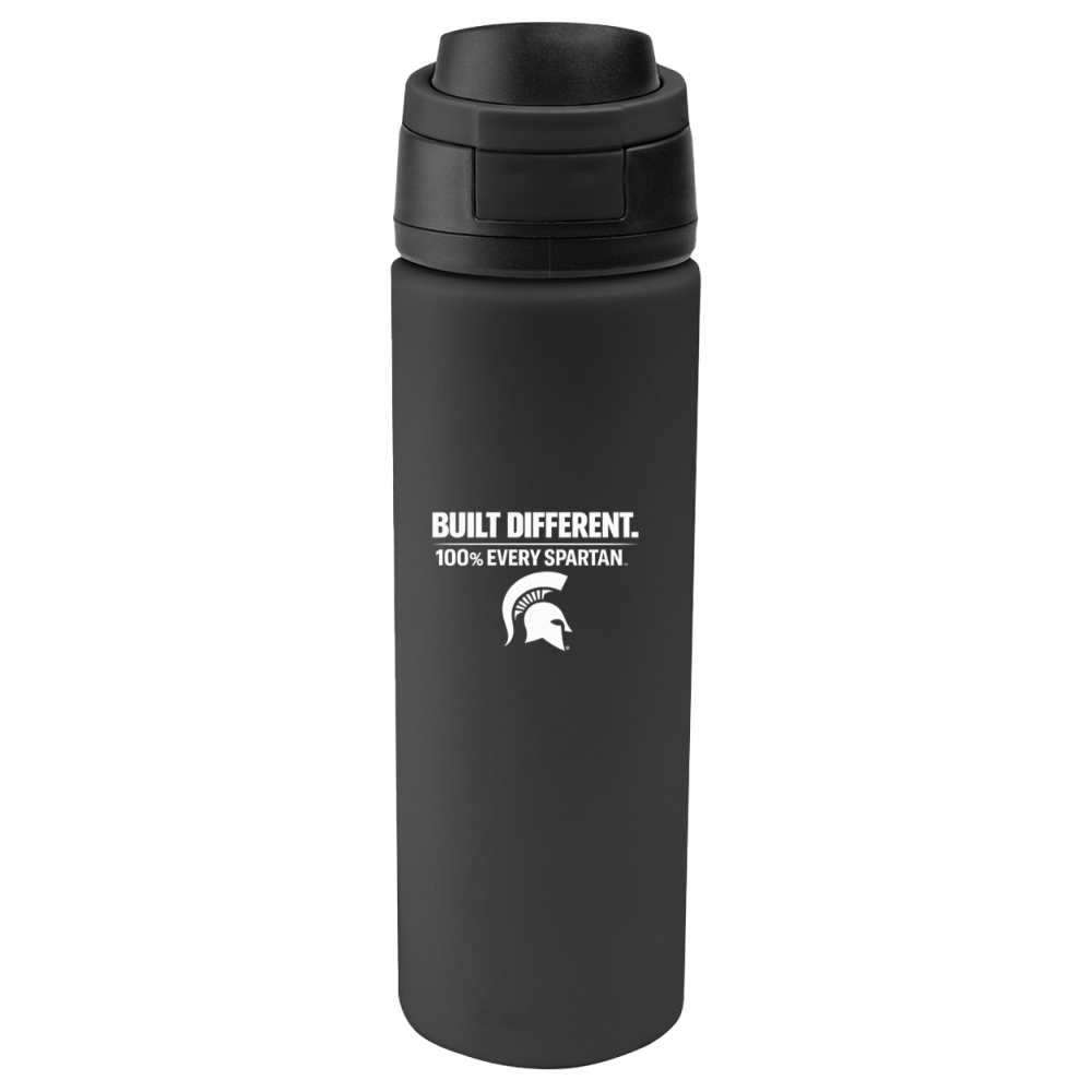 Black insulated water bottle with flip-top lid and white Spartan logo on the front