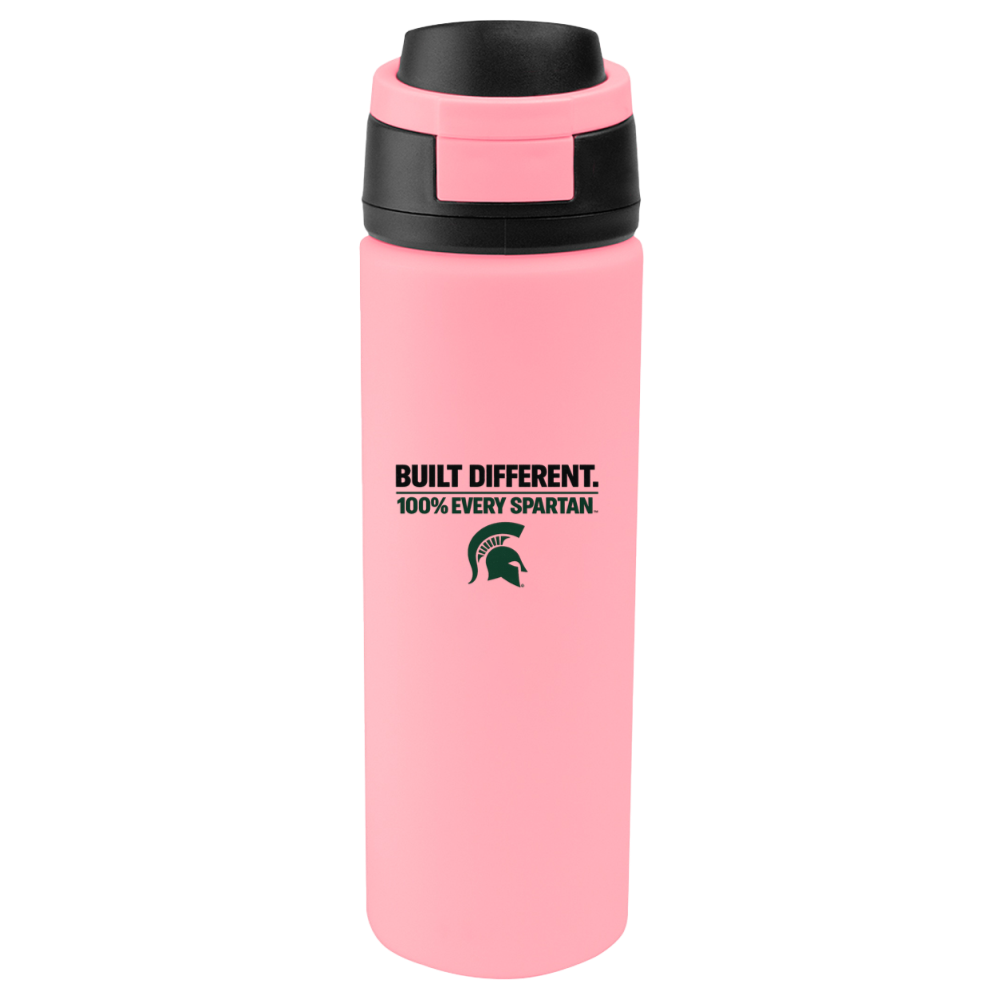 Pink insulated tumbler with black lid and Spartan logo on the front